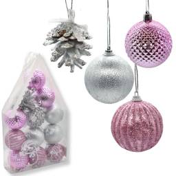 Adornos de navidad bolas y pias rosa 6cm x12 unidades