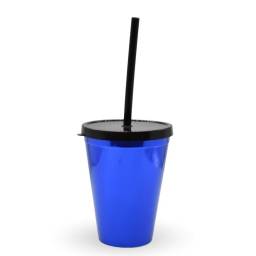 Vaso plstico metalizado azul con sorbito 420ml