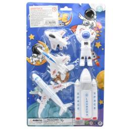 Astronauta con naves espaciales en blster 31x19cm