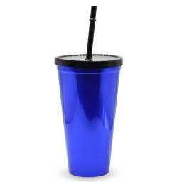 Vaso plstico metalizado azul con sorbito 600ml